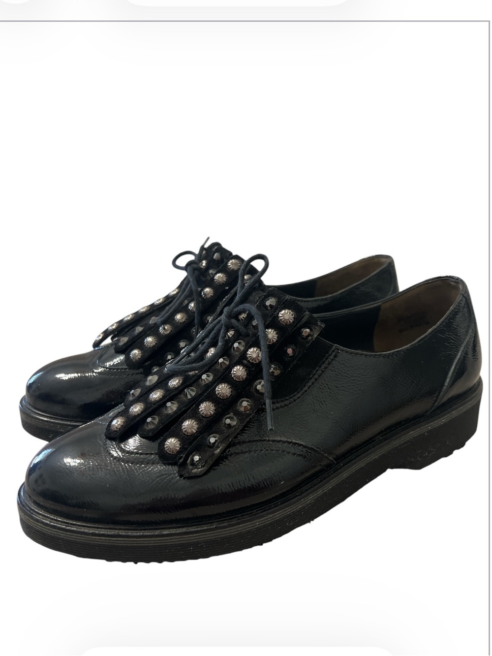Paul Green "Nobu" Black Patent Leather Kilty Stud Oxford Shoes